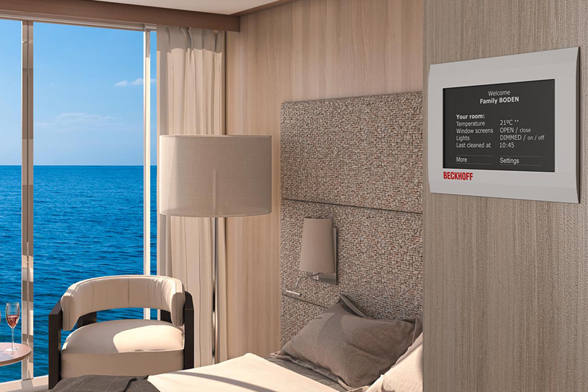 For modern room automation in ship cabins and suites, comfort, ease of operation, safety and energy efficiency must go hand in hand. Thanks to the wide range of Bus Terminals and the comprehensive protocol support of the PC-based control system, all automation tasks, from temperature control to lighting control and the monitoring of cabin doors, windows, presence and temperature, can be implemented in one system.